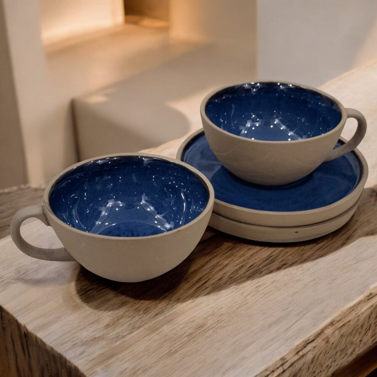 Azure Dune Cup & Saucer Set – Set of 2 | A Piece of Modern Art (240ml Cups)