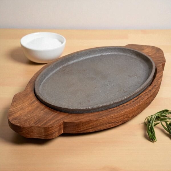 Oval Sizzler Plate Cast Iron with Rosewood Wooden Tray – 10x6 Inches by Harmiche