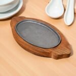 Mini Oval Sizzler Plate Cast Iron with Wooden Tray – 8x5 Inches by Harmiche