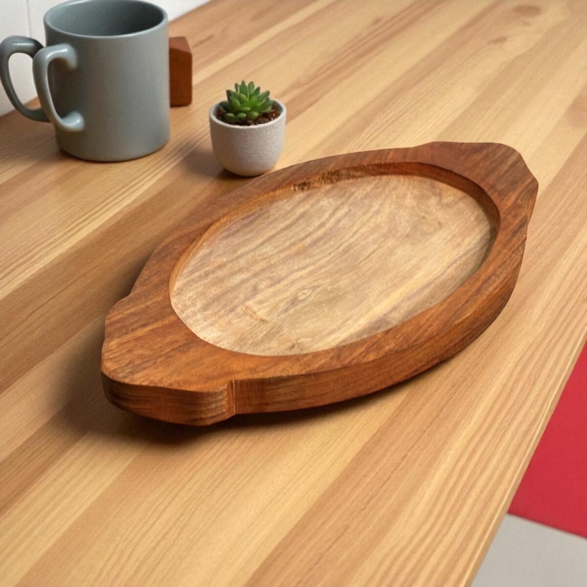 Oval Mini Cast Iron Sizzler Plate with Wooden Tray – 8x5 Inches by Harmiche