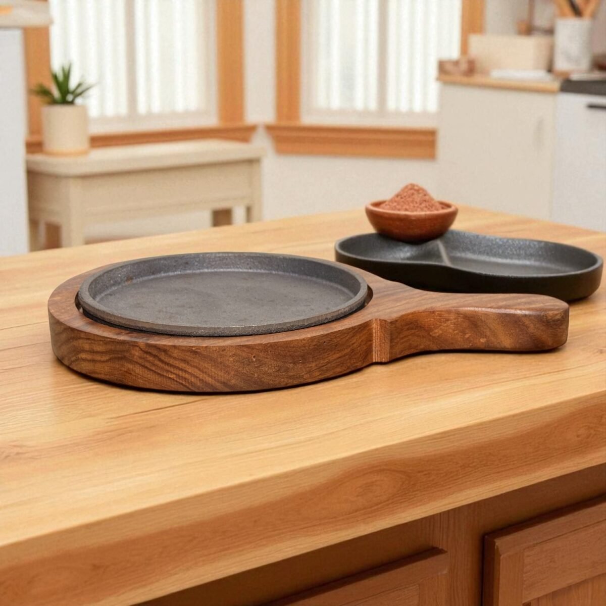 Premium Brownie Cast Iron Sizzler with Wooden Handle Tray – 7 Inch by Harmiche