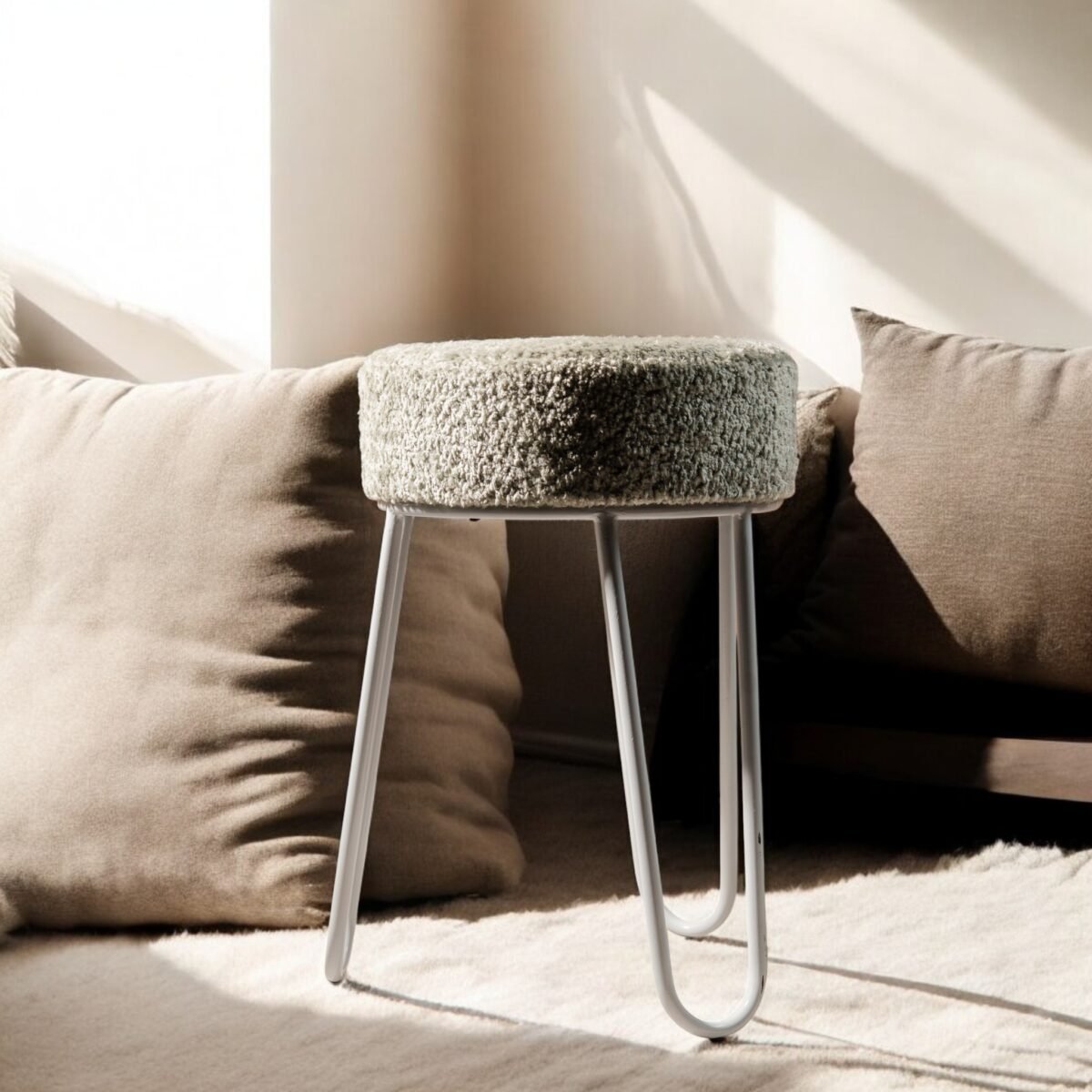 Harmiche Nido Bouclé Pouffe Stool – Handcrafted Upholstered Accent Seating
