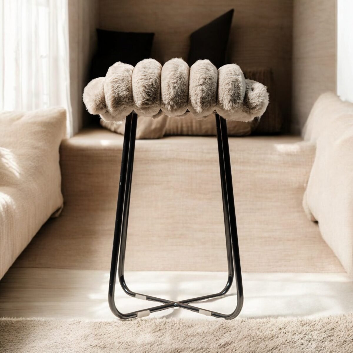 Harmiche CloudNest Faux Fur Stool – Handcrafted Textured Pouffe with Metal Base