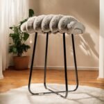 Harmiche CloudNest Faux Fur Stool – Handcrafted Textured Pouffe with Metal Base