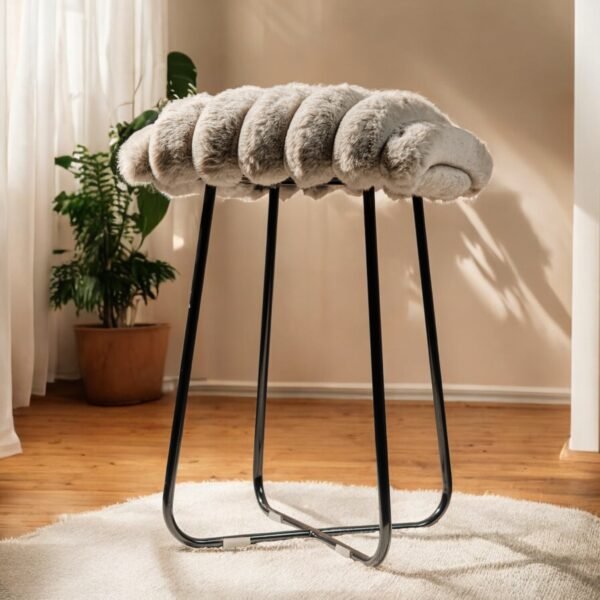 Harmiche CloudNest Faux Fur Stool – Handcrafted Textured Pouffe with Metal Base