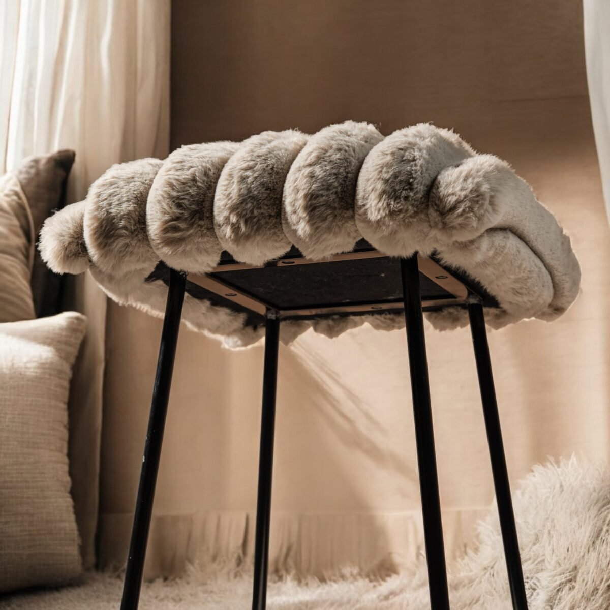 Harmiche CloudNest Faux Fur Stool – Handcrafted Textured Pouffe with Metal Base