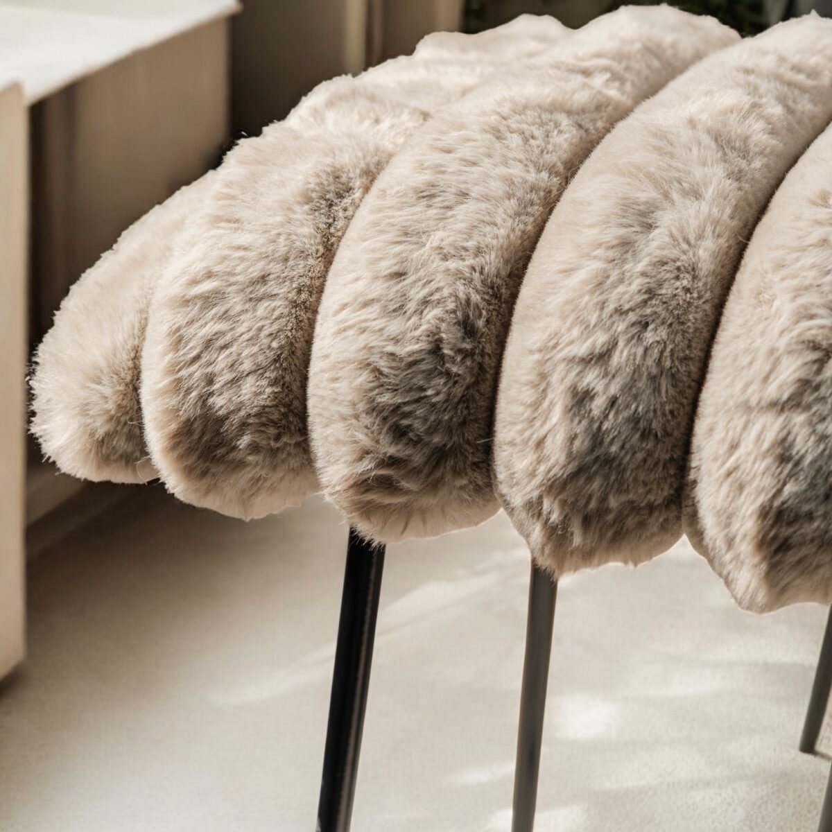 Harmiche CloudNest Faux Fur Stool – Handcrafted Textured Pouffe with Metal Base