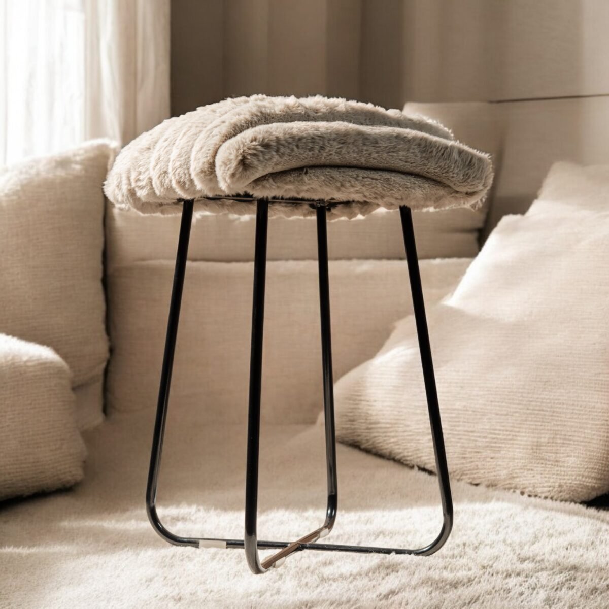 Harmiche CloudNest Faux Fur Stool – Handcrafted Textured Pouffe with Metal Base