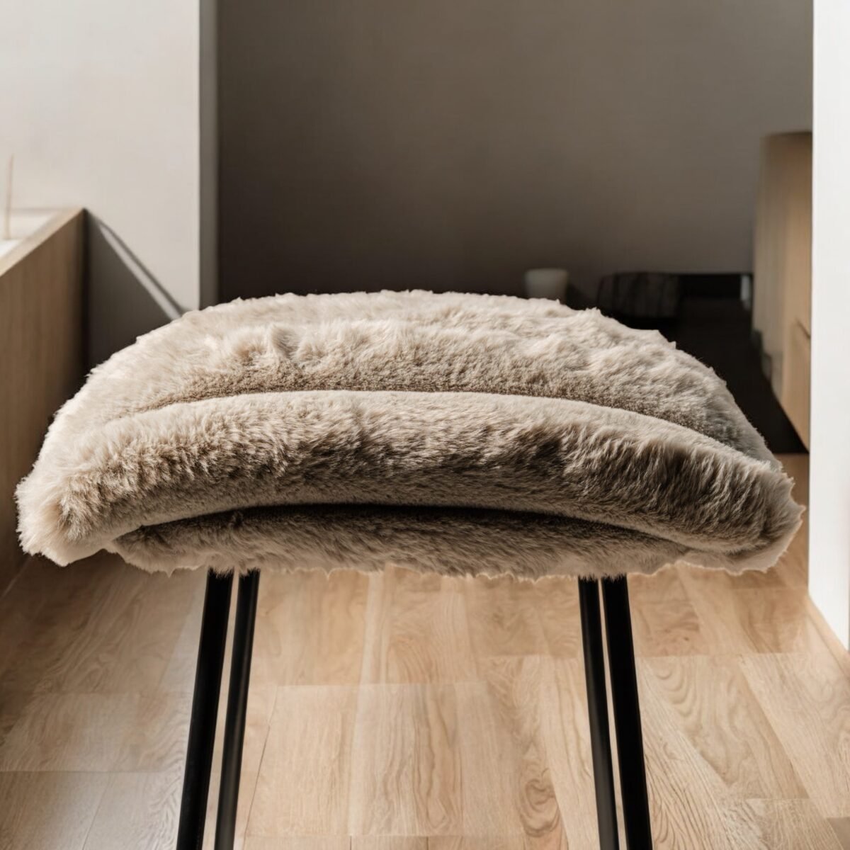Harmiche CloudNest Faux Fur Stool – Handcrafted Textured Pouffe with Metal Base