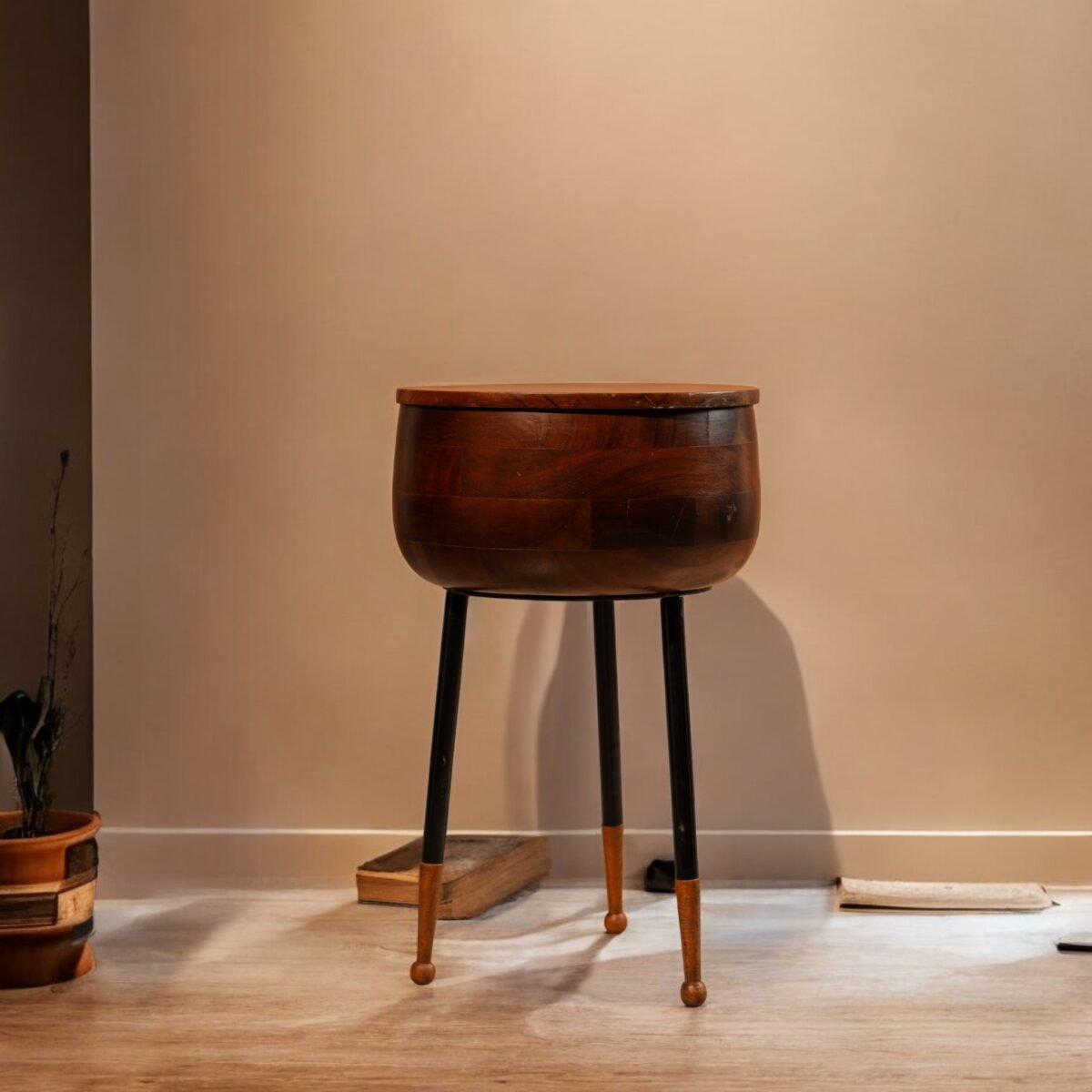 Harmiche Orbit Storage Table – Handcrafted Acacia Wood Table with Hidden Storage & Metal-Leg Base | Modern Multipurpose Accent Table
