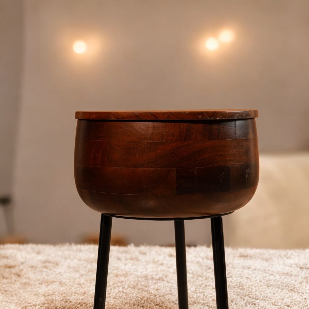 Harmiche Orbit Storage Table – Handcrafted Acacia Wood Table with Hidden Storage & Metal-Leg Base | Modern Multipurpose Accent Table