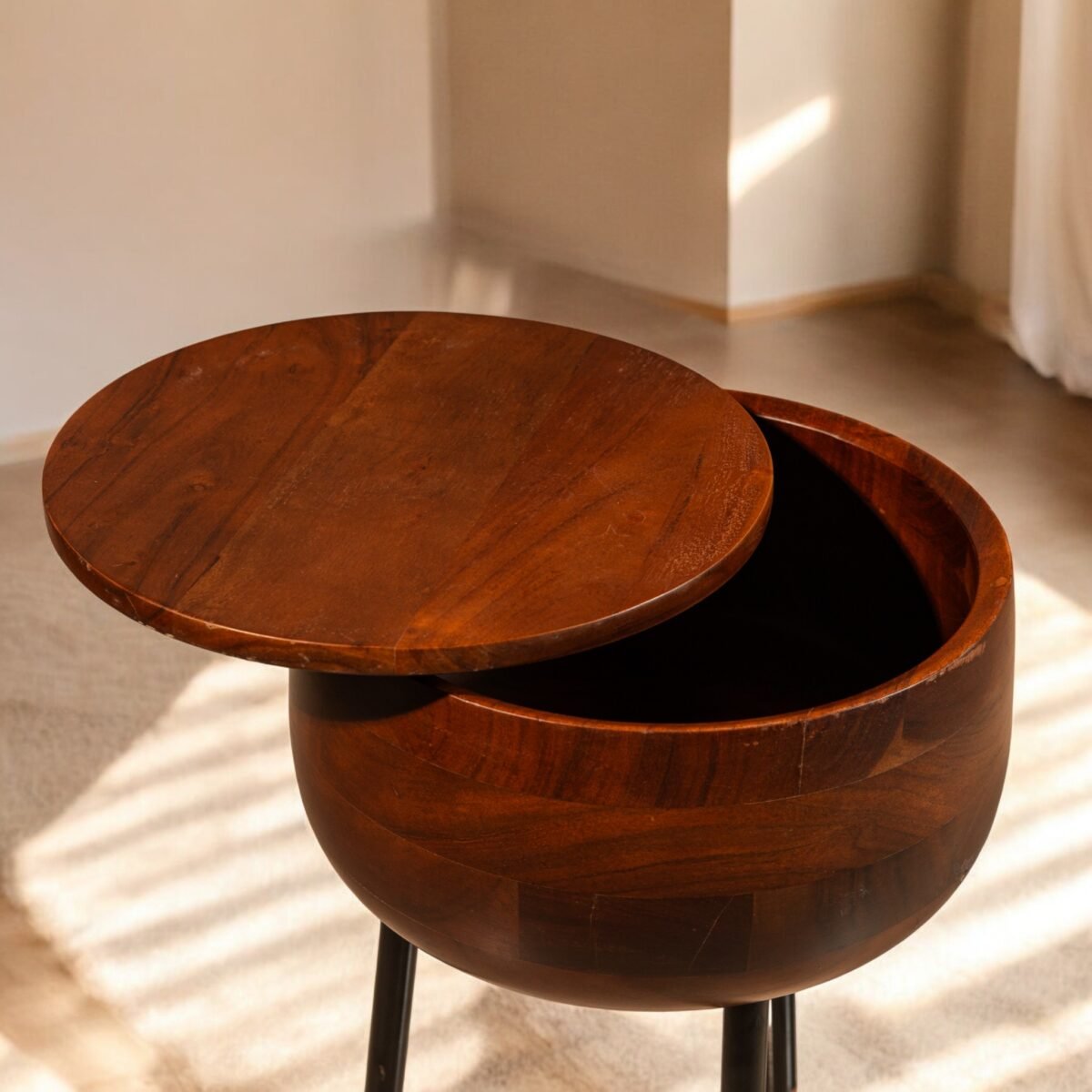 Harmiche Orbit Storage Table – Handcrafted Acacia Wood Table with Hidden Storage & Metal-Leg Base | Modern Multipurpose Accent Table