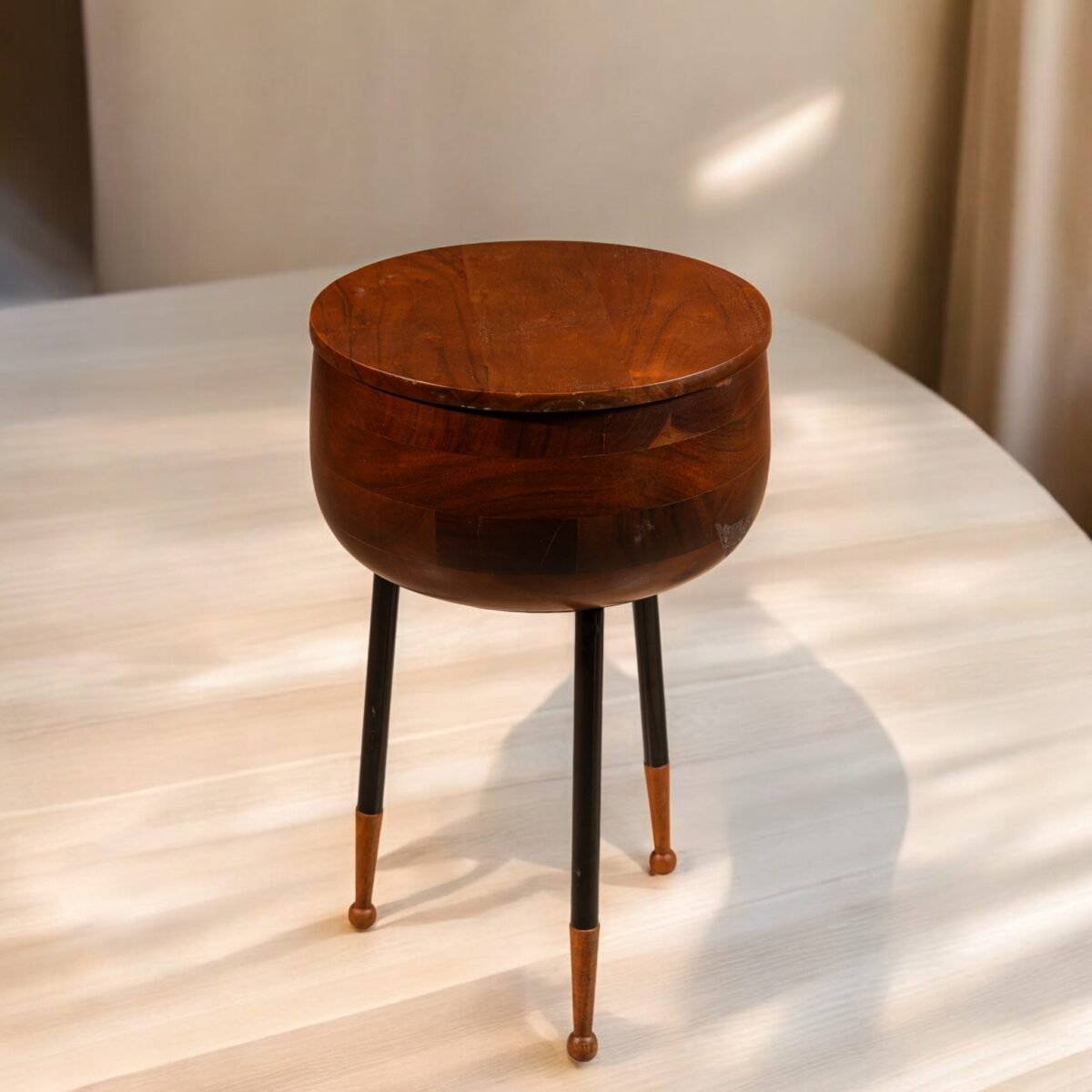 Harmiche Orbit Storage Table – Handcrafted Acacia Wood Table with Hidden Storage & Metal-Leg Base | Modern Multipurpose Accent Table