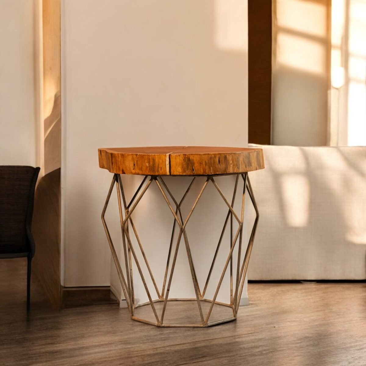 Harmiche Terra Slice Table – Handcrafted Natural Wood Top with Geometric Metal Base | Luxury Accent & Coffee Table