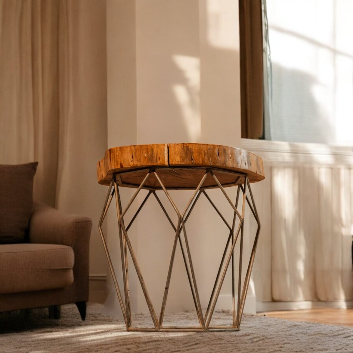 Harmiche Terra Slice Table – Handcrafted Natural Wood Top with Geometric Metal Base | Luxury Accent & Coffee Table