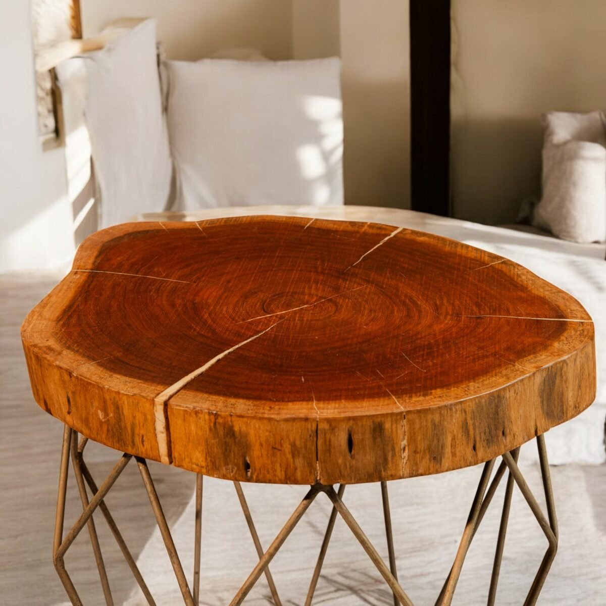 Harmiche Terra Slice Table – Handcrafted Natural Wood Top with Geometric Metal Base | Luxury Accent & Coffee Table