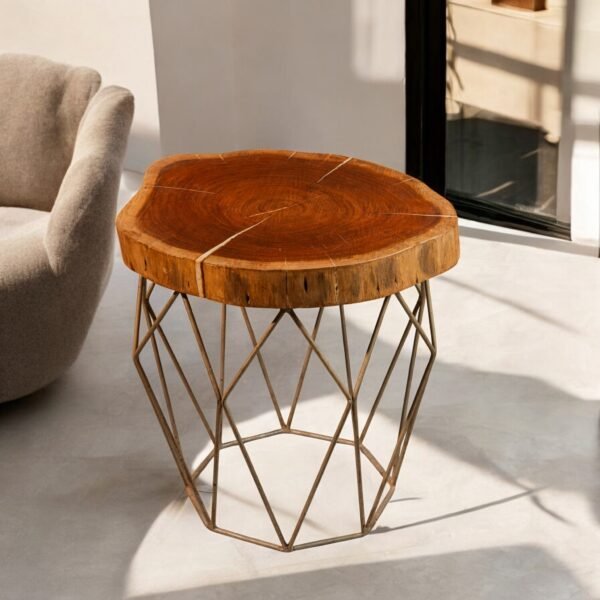 Harmiche Terra Slice Coffee Table – Handcrafted Natural Wood Top with Geometric Metal Base | Luxury Accent & Coffee Table