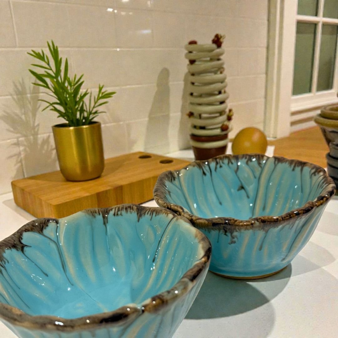 Teal Edgestone Ceramic Katori Set – Handcrafted Set of 2 Premium Bowls by Harmiche
