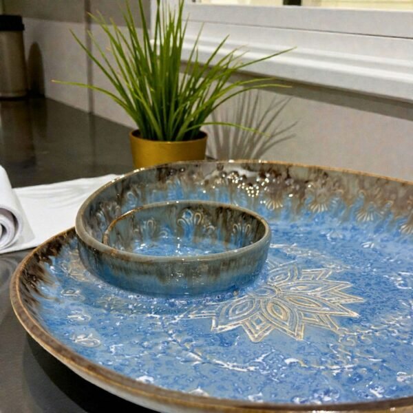 Azure Frost Mandala Ceramic Platter – 10” Designer Serving Plate by Harmiche