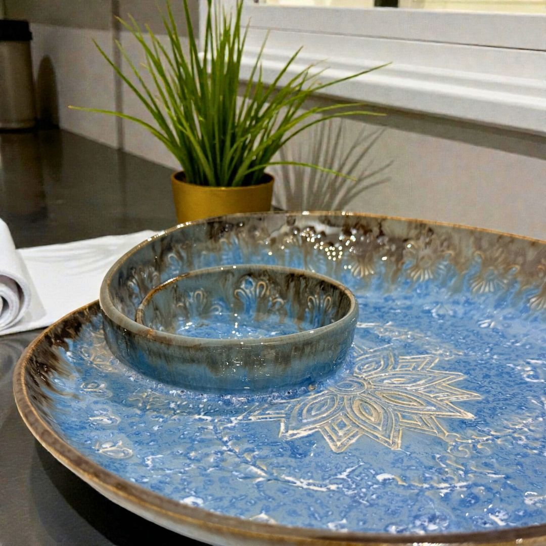 Azure Frost Mandala Ceramic Platter – 10” Designer Serving Plate by Harmiche