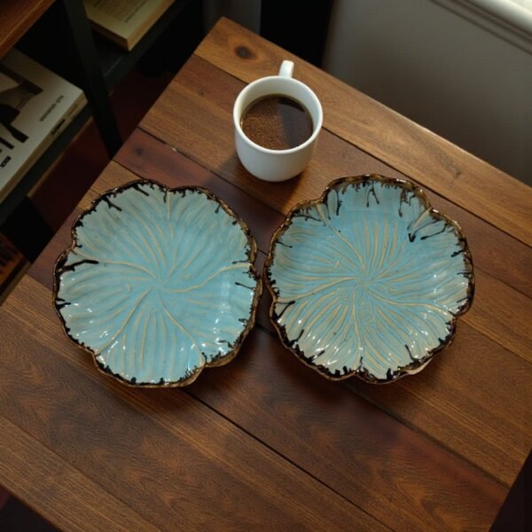 Teal Edgestone Petite Leaf Ceramic Quarter Plates – Set of 2 (7”) | Handcrafted Ceramic Plates by Harmiche