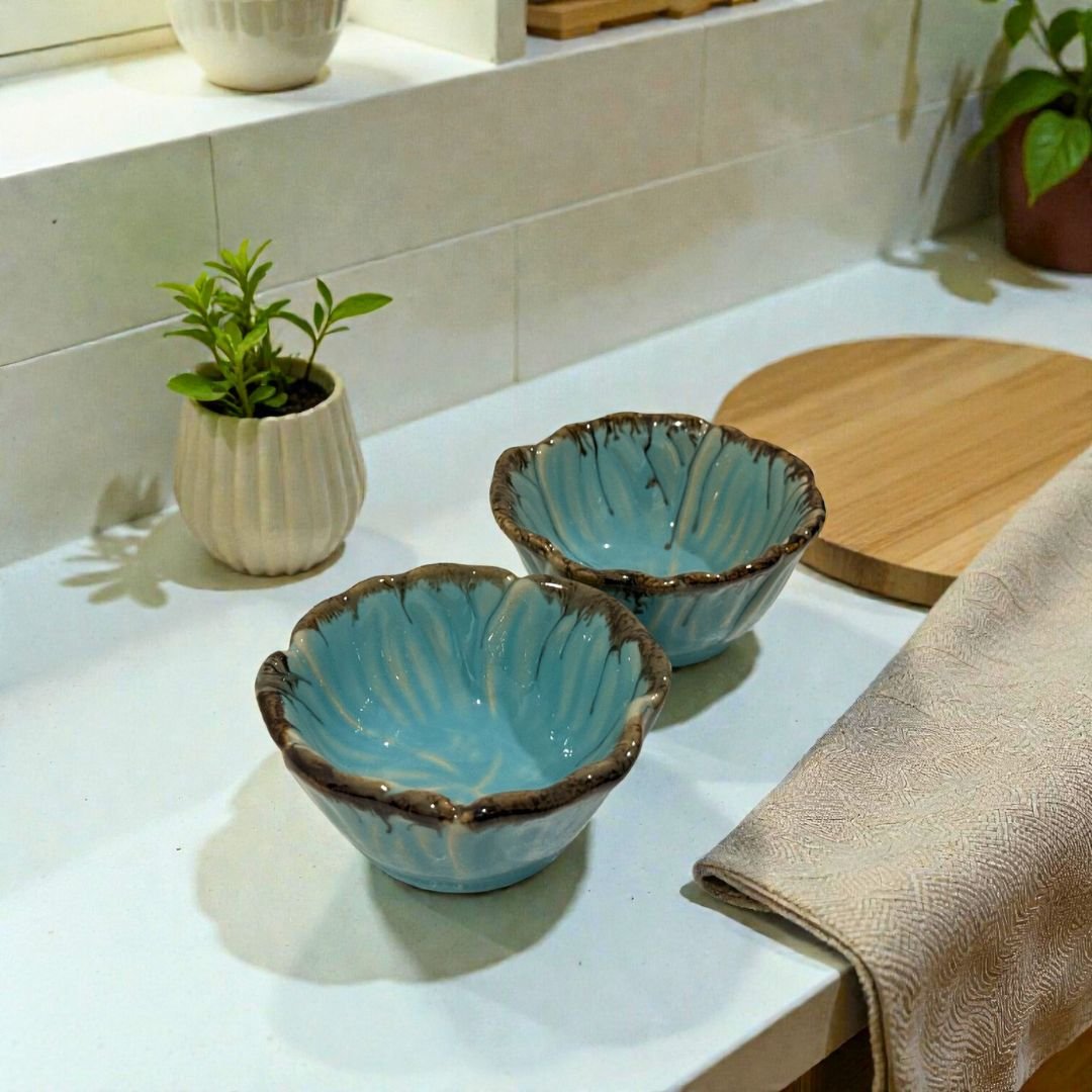Teal Edgestone Ceramic Katori Set – Handcrafted Set of 2 Premium Bowls by Harmiche