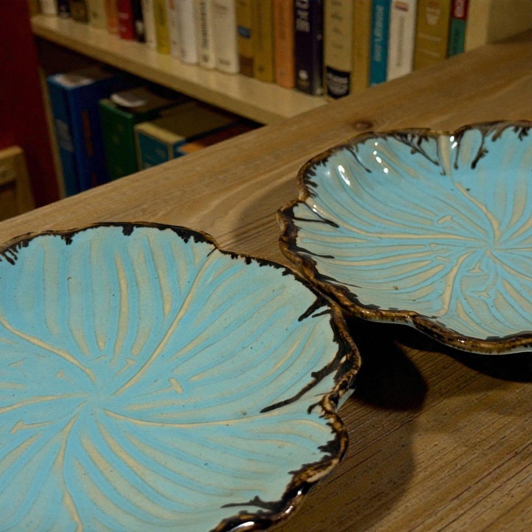 Teal Edgestone Petite Leaf Ceramic Quarter Plates – Set of 2 (7”) | Handcrafted Ceramic Plates by Harmiche