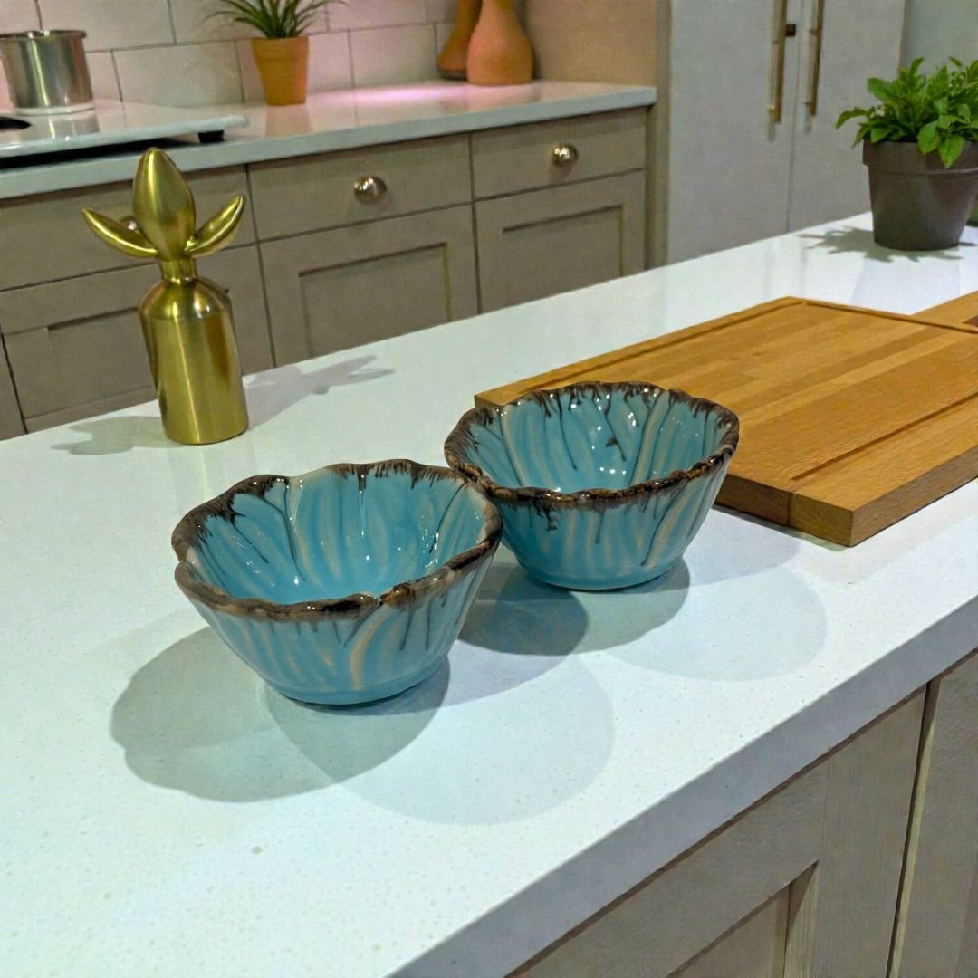 Teal Edgestone Ceramic Katori Set – Handcrafted Set of 2 Premium Bowls by Harmiche