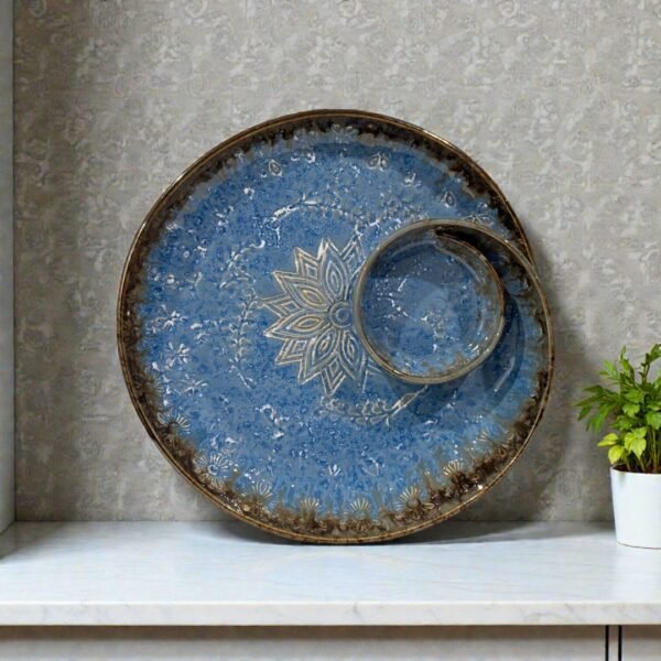 Azure Frost Mandala Ceramic Platter – 10” Designer Serving Plate by Harmiche