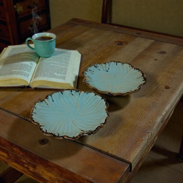 Teal Edgestone Petite Leaf Ceramic Quarter Plates – Set of 2 (7”) | Handcrafted Ceramic Plates by Harmiche