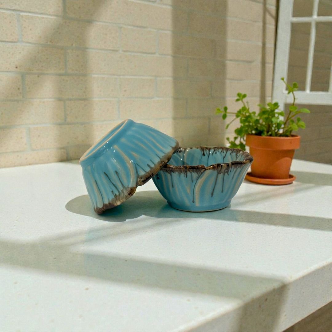Teal Edgestone Ceramic Katori Set – Handcrafted Set of 2 Premium Portion Bowls by Harmiche