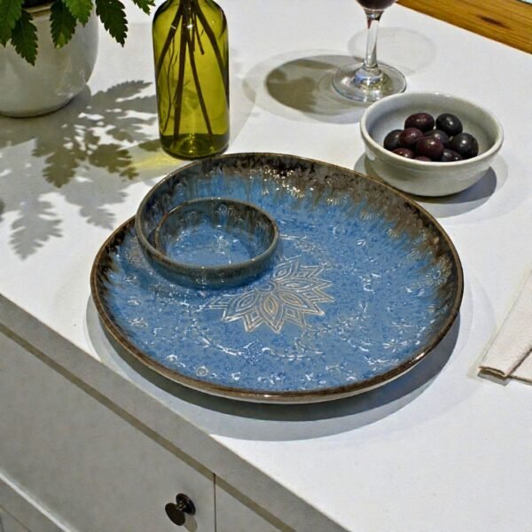 Azure Frost Mandala Ceramic Platter – 10” Designer Serving Plate by Harmiche