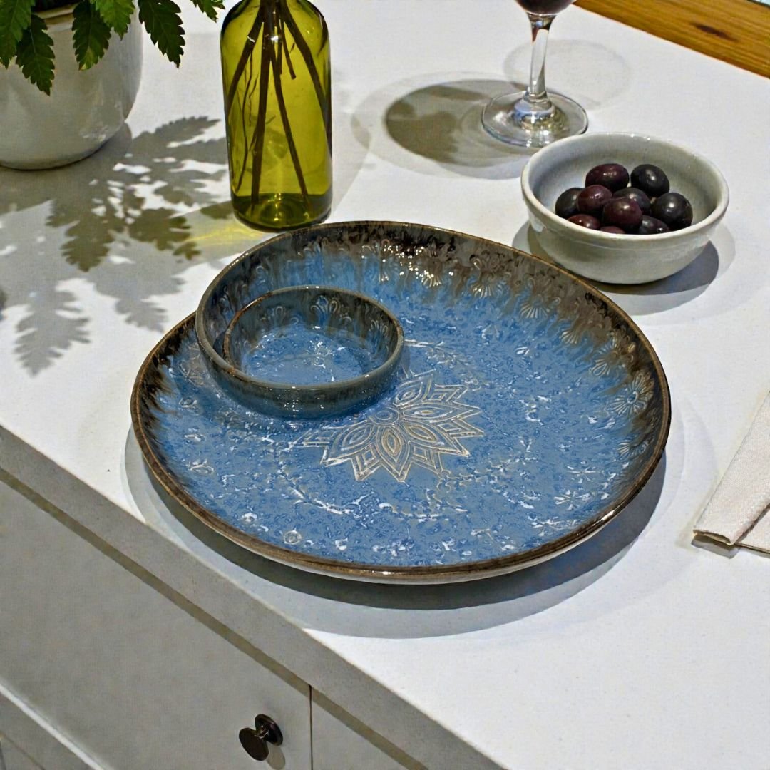 Azure Frost Mandala Ceramic Platter – 10” Designer Serving Plate by Harmiche