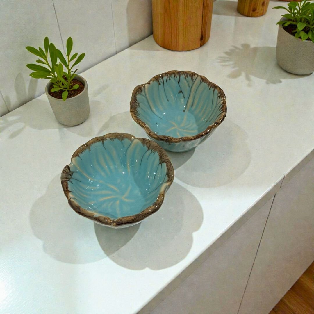 Teal Edgestone Ceramic Katori Set – Handcrafted Set of 2 Premium Bowls by Harmiche