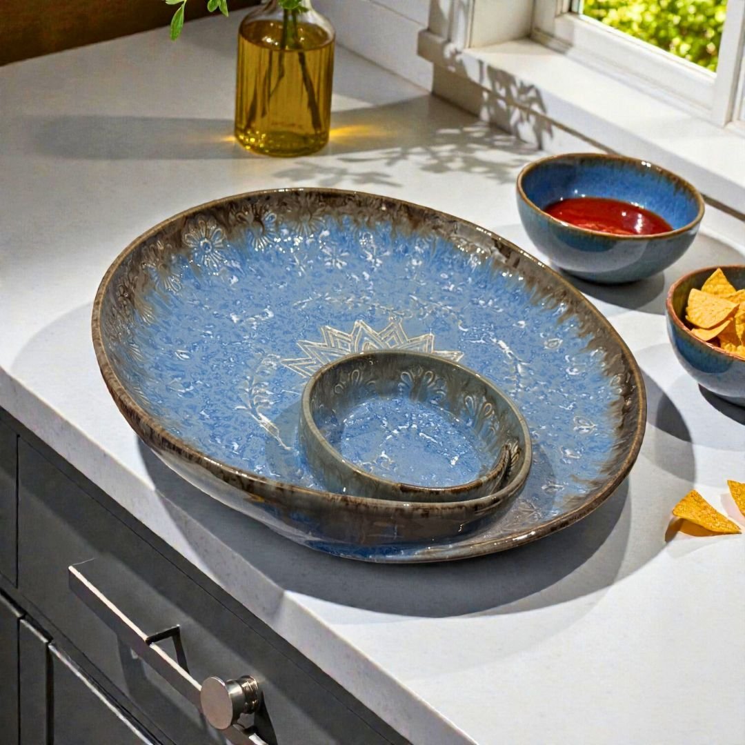 Azure Frost Mandala Ceramic Platter – 10” Designer Serving Plate by Harmiche