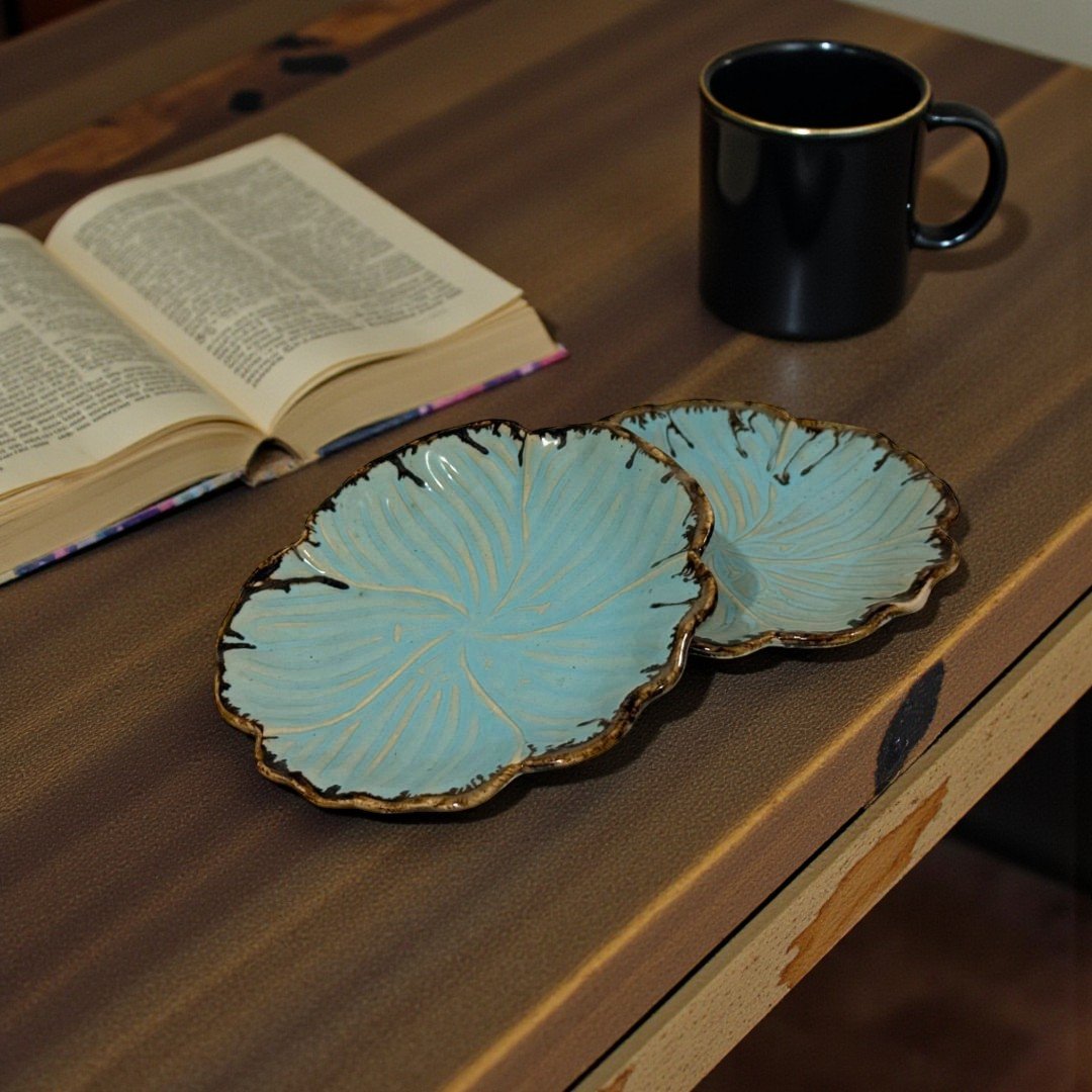 Teal Edgestone Petite Leaf Ceramic Quarter Plates – Set of 2 (7”) | Handcrafted Ceramic Plates by Harmiche