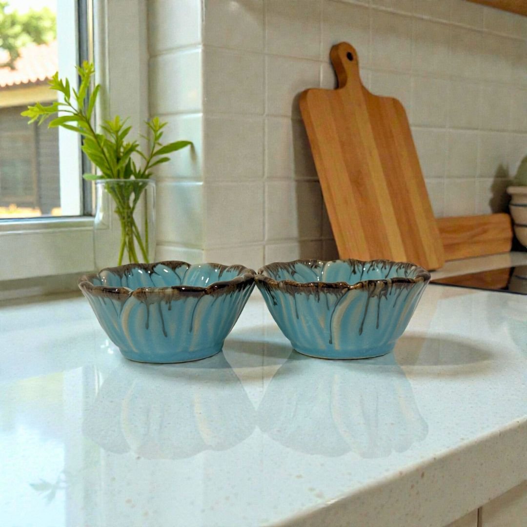 Teal Edgestone Ceramic Katori Set – Handcrafted Set of 2 Premium Bowls by Harmiche