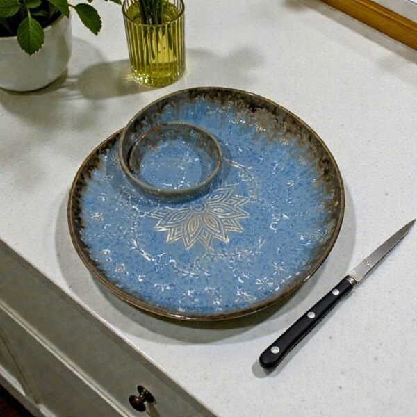 Azure Frost Mandala Ceramic Platter – 10” Designer Serving Plate by Harmiche