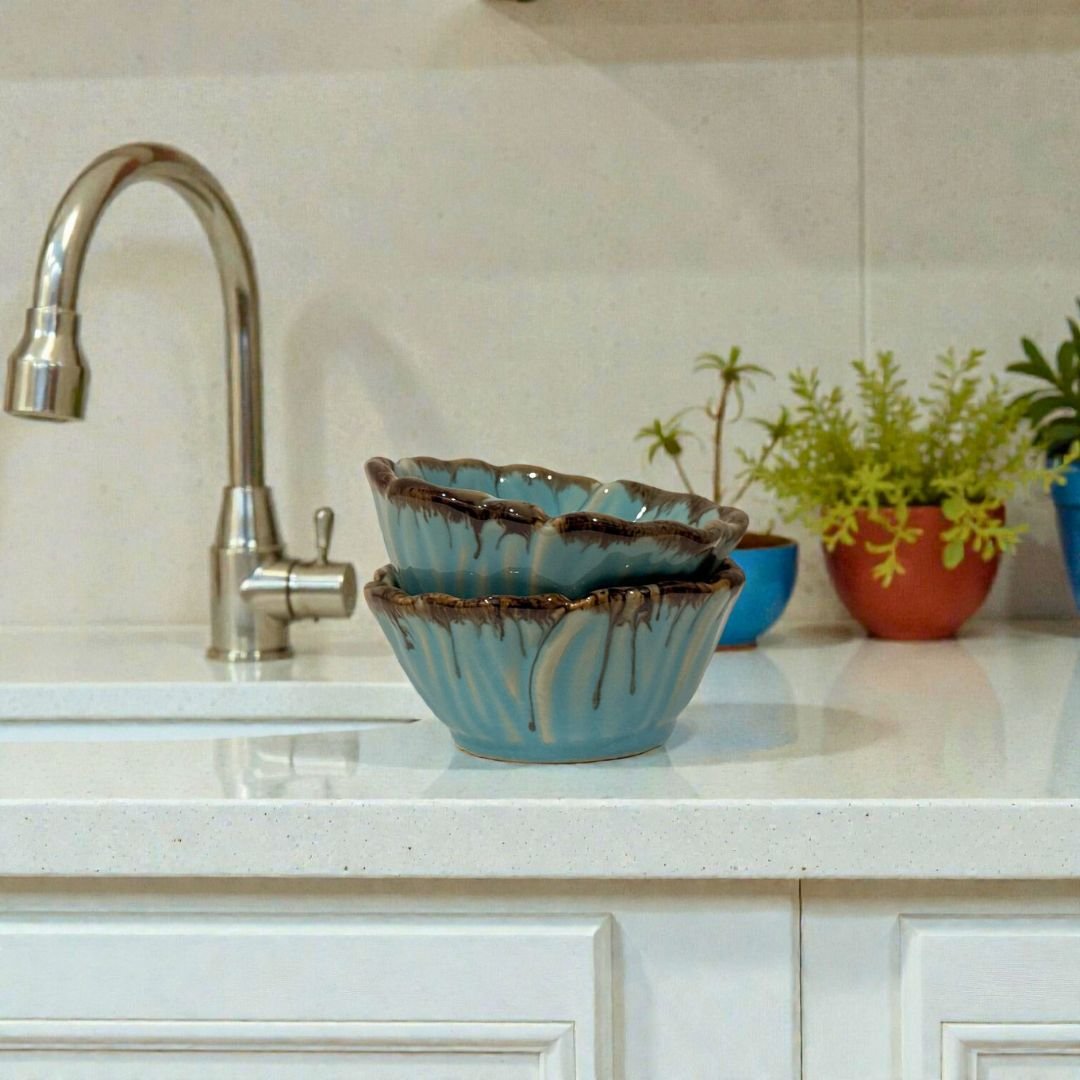 Teal Edgestone Ceramic Katori Set – Handcrafted Set of 2 Premium Bowls by Harmiche