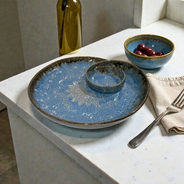 Azure Frost Mandala Ceramic Platter – 10” Designer Serving Plate by Harmiche