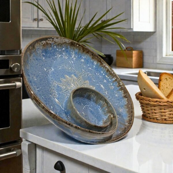 Azure Frost Mandala Ceramic Platter – 10” Designer Serving Plate by Harmiche