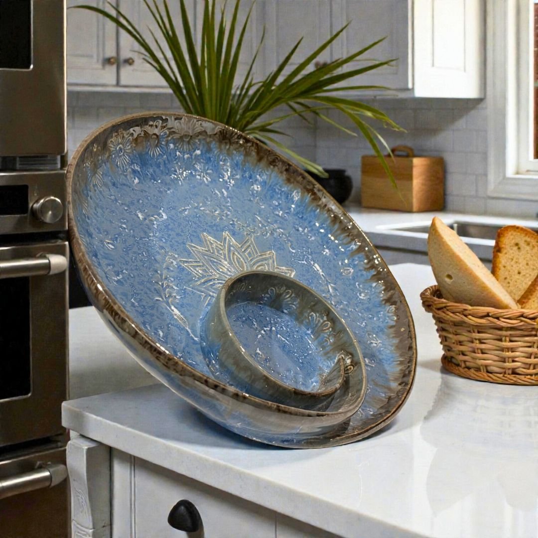 Azure Frost Mandala Ceramic Platter – 10” Designer Serving Plate by Harmiche
