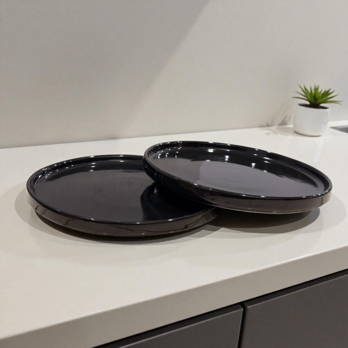 Harmiche Noir Glaze Ceramic Dinner Plate Set of 2 (9-inch, Rimmed) – Handcrafted Luxury Tableware