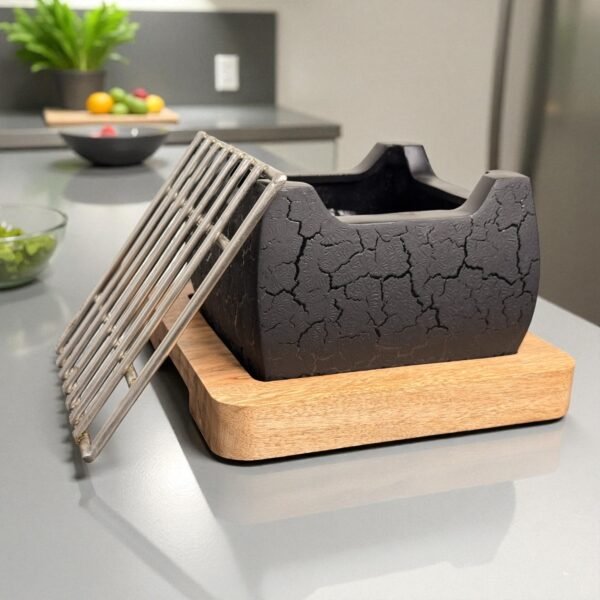 Harmiche KuroForge Japanese Tabletop Charcoal Grill – Aluminum Alloy Hibachi with SS Grill & Wooden Base | Tabletop Barbecue Grill