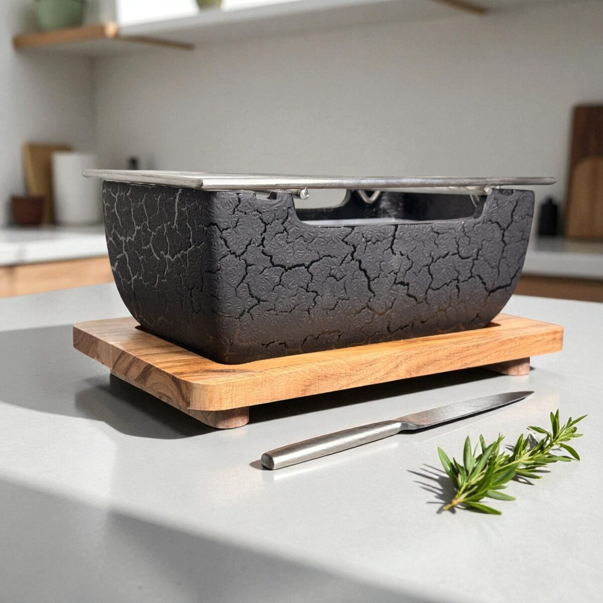 Harmiche KuroForge XL Japanese Tabletop Charcoal Grill – Textured Aluminum BBQ with SS Grill & Wooden Base Tabletop Barbecue Grill