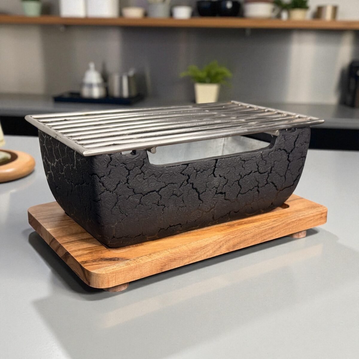 Harmiche KuroForge XL Japanese Tabletop Charcoal Grill – Textured Aluminum BBQ with SS Grill & Wooden Base Tabletop Barbecue Grill