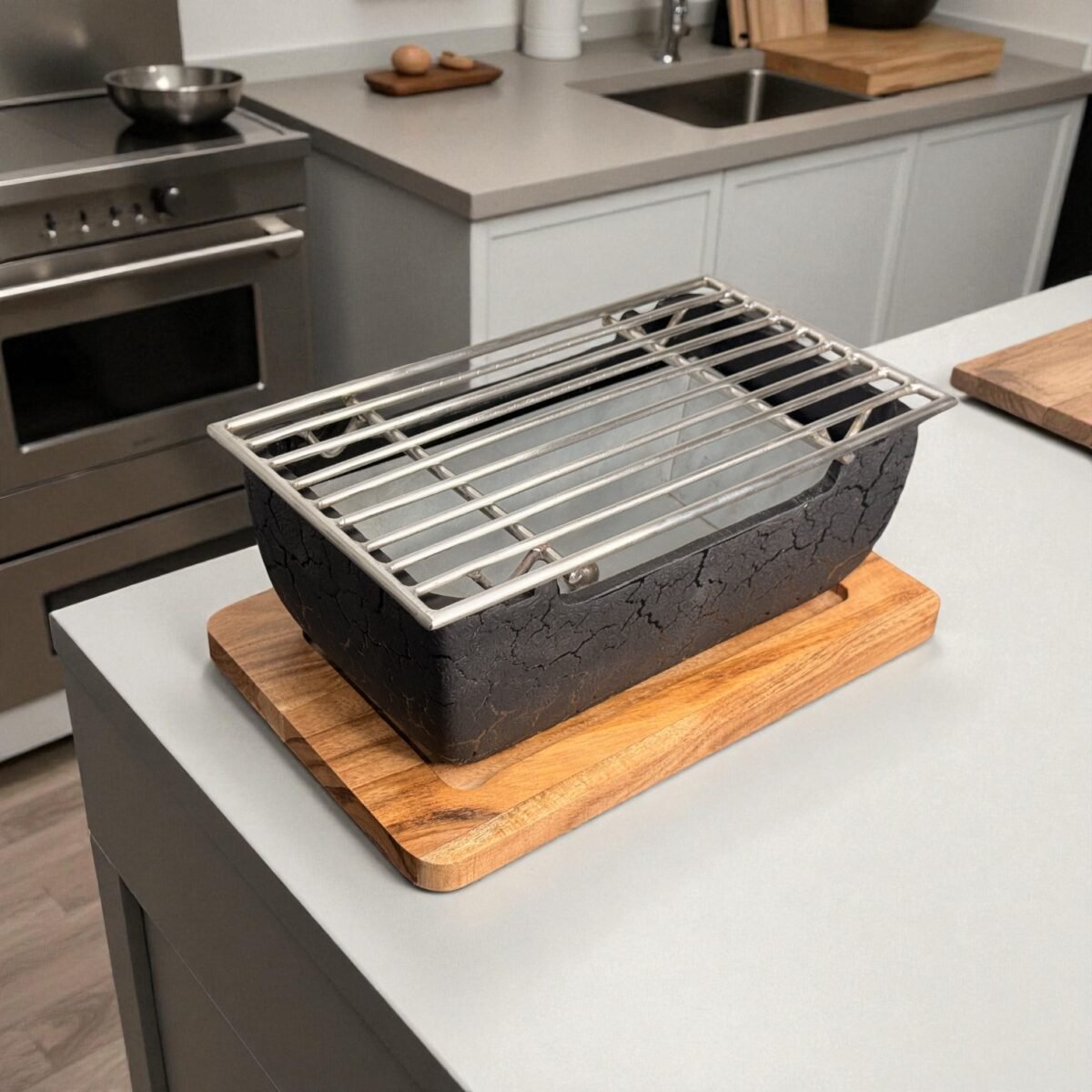 Harmiche KuroForge XL Japanese Tabletop Charcoal Grill – Textured Aluminum BBQ with SS Grill & Wooden Base Tabletop Barbecue Grill