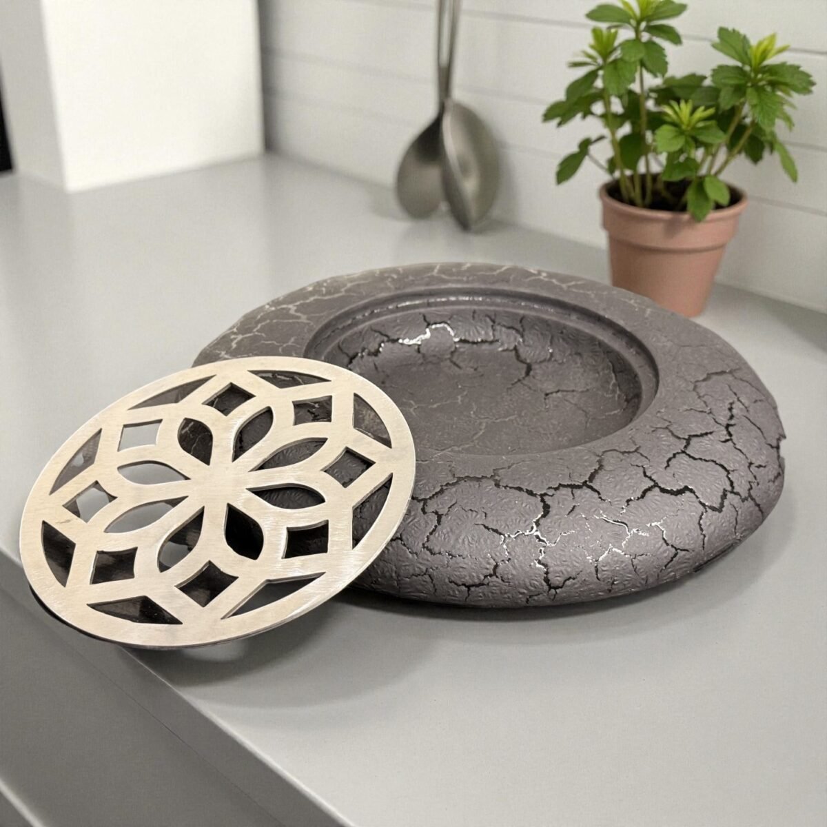 Harmiche ZenFlame Round Japanese Tabletop Charcoal Grill – Textured Alloy Base & SS Floral Grill Plate