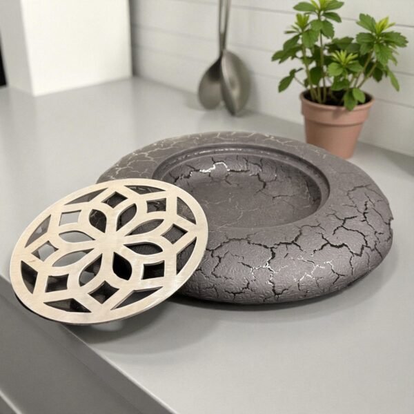 Harmiche ZenFlame Round Japanese Tabletop Charcoal Grill – Textured Alloy Base & SS Floral Grill Plate