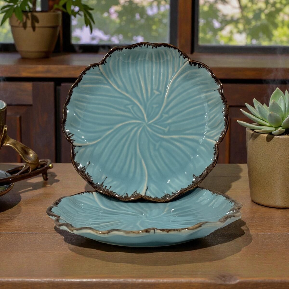 Teal Edgestone LotusCraft Ceramic Dinner Plates – Set of 2, 4, 6 and Single Dinner Plate (10 Inch) by Harmiche
